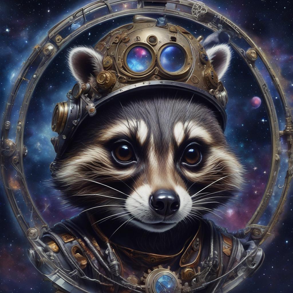  space themed steam punk, ghost raccoon. . cosmic, celestial, stars, galaxies, nebulas, planets, science fiction, highly detailed