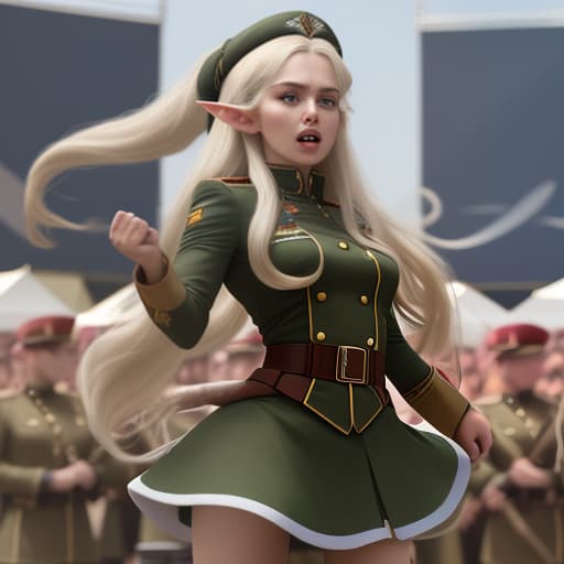  elf woman, in military uniform, with long hair, performing in front of the public