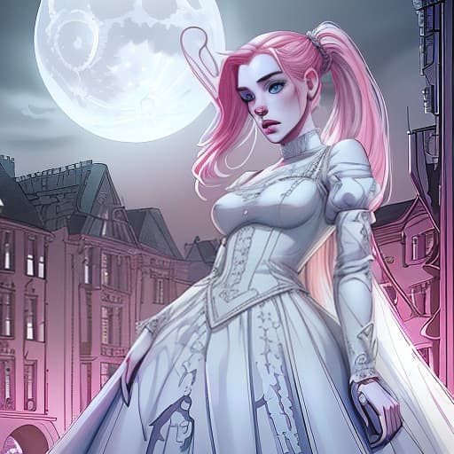  girl, pink hair, two ponytails, bright blue eyes, very pale skin, white long dress , full length ,city, scarlet moon, gloomy , dark night, 4k, detailed drawing, hyperdetalization, realism, beautiful, fantasy, (intricate details:1.12), hdr, (intricate details, hyperdetailed:1.15)