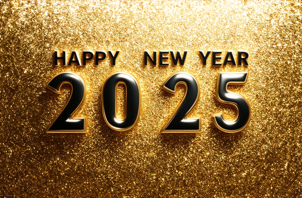  professional detailed photography, happy new year 2025 poster on golden background ar 3:2, (muted colors, dim colors, soothing tones), (vsco:0.3)