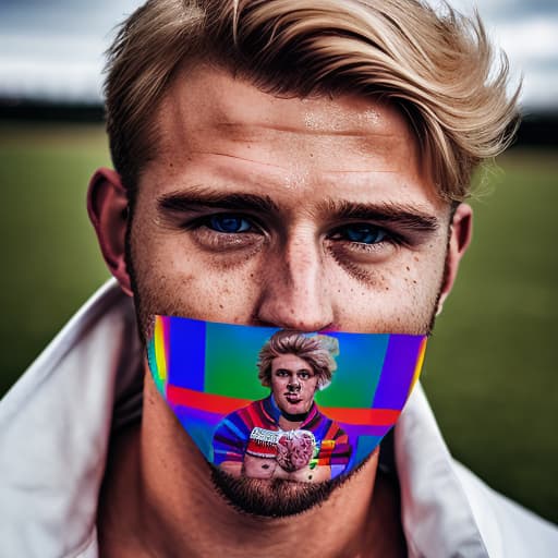 portrait+ style British LGBT queer rugby player blonde hunk dude face