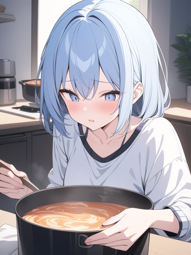  bob hair, light blue, pot, cooking failure, panic, hair light color, masterpiece, best quality,8k,ultra detailed,high resolution,an extremely delicate and beautiful,hyper detail