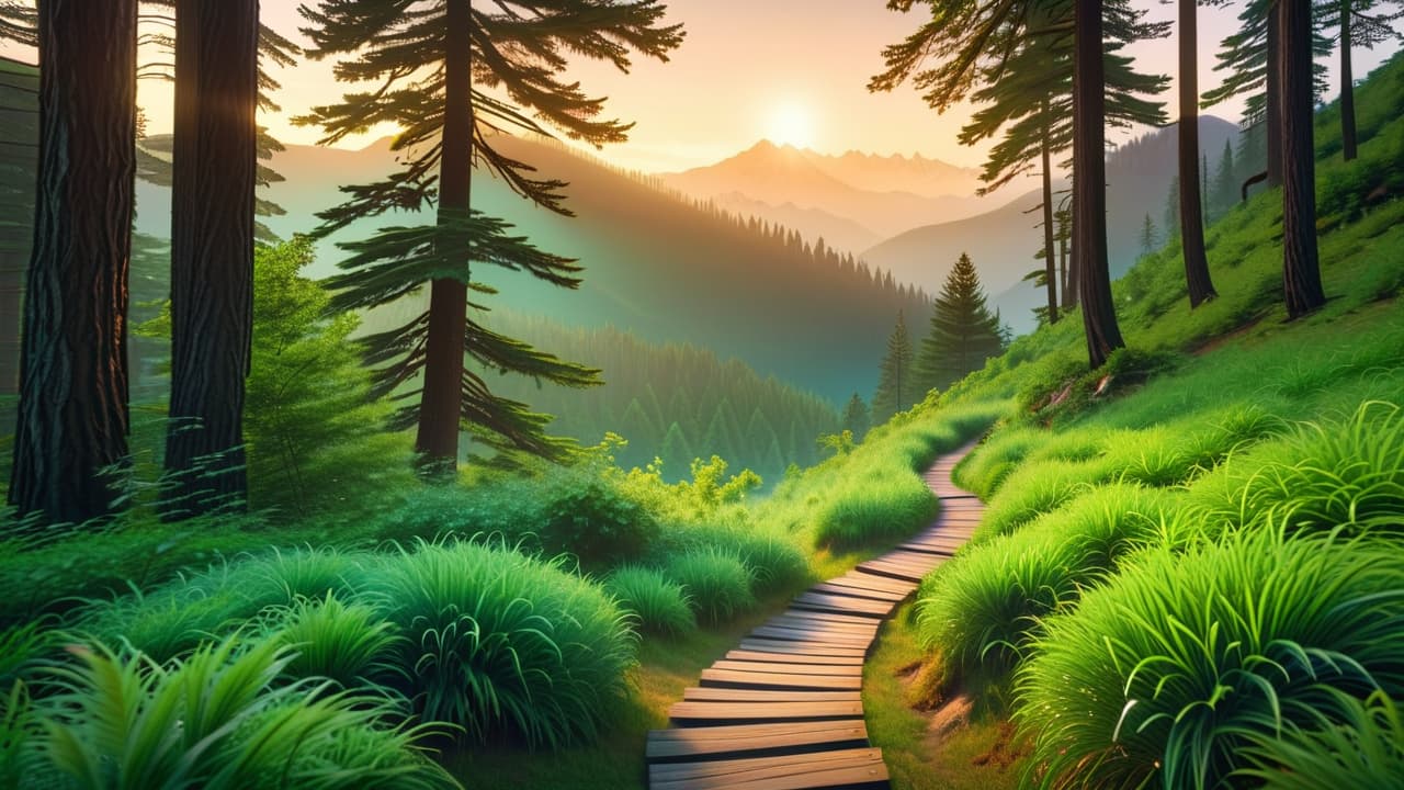  a serene landscape featuring a winding path through a lush forest, leading toward a distant mountain peak. scattered along the path are symbolic representations of goals: a compass, a journal, and glowing stars. hyperrealistic, full body, detailed clothing, highly detailed, cinematic lighting, stunningly beautiful, intricate, sharp focus, f/1. 8, 85mm, (centered image composition), (professionally color graded), ((bright soft diffused light)), volumetric fog, trending on instagram, trending on tumblr, HDR 4K, 8K