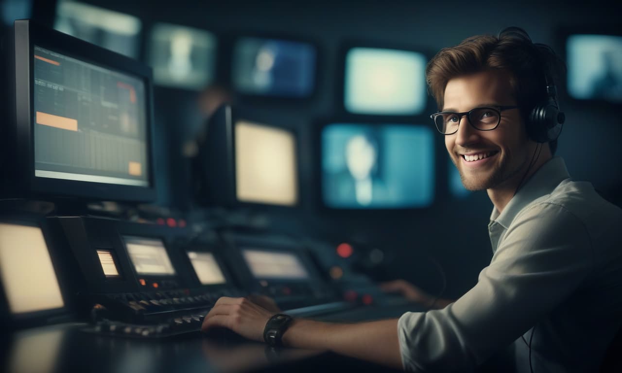  cinematic film still programmer, sitting on the right side behind the monitor, close up, photorealism, cinema, company, business, smiling, . shallow depth of field, vignette, highly detailed, high budget, bokeh, cinemascope, moody, epic, gorgeous, film grain, grainy