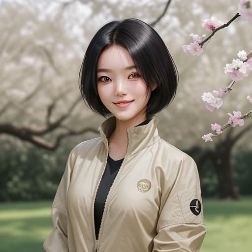  master style, best picture quality, a beautiful chinese girl with short black hair wearing a beige windbreaker standing under a pear tree. she has an oval face, a natural look, and the photo is a half body shot of a single person taken during the day outdoors. it was taken with a sony g master lens and the 50mm focal length created background blur. she is smiling, showing half of her teeth in a high definition photo.