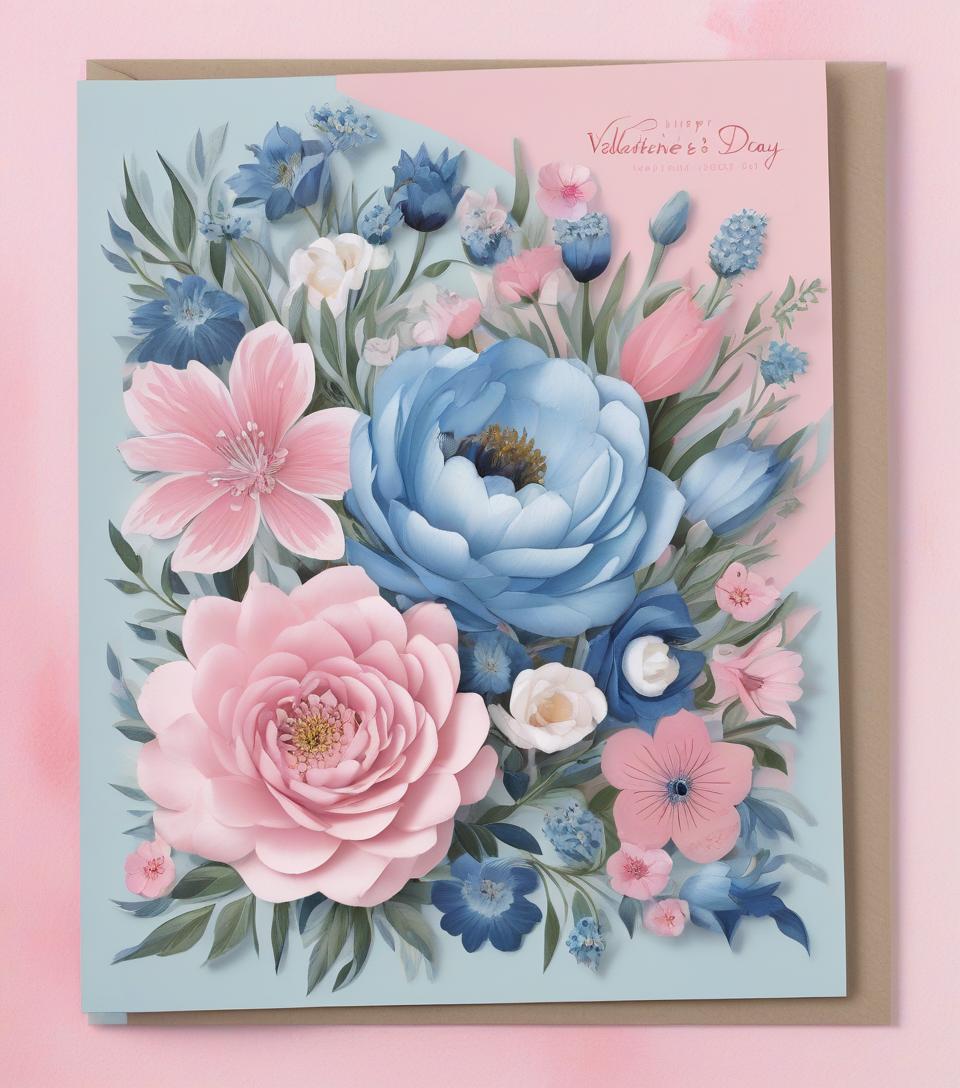  valentine's day card, pink and blue flowers