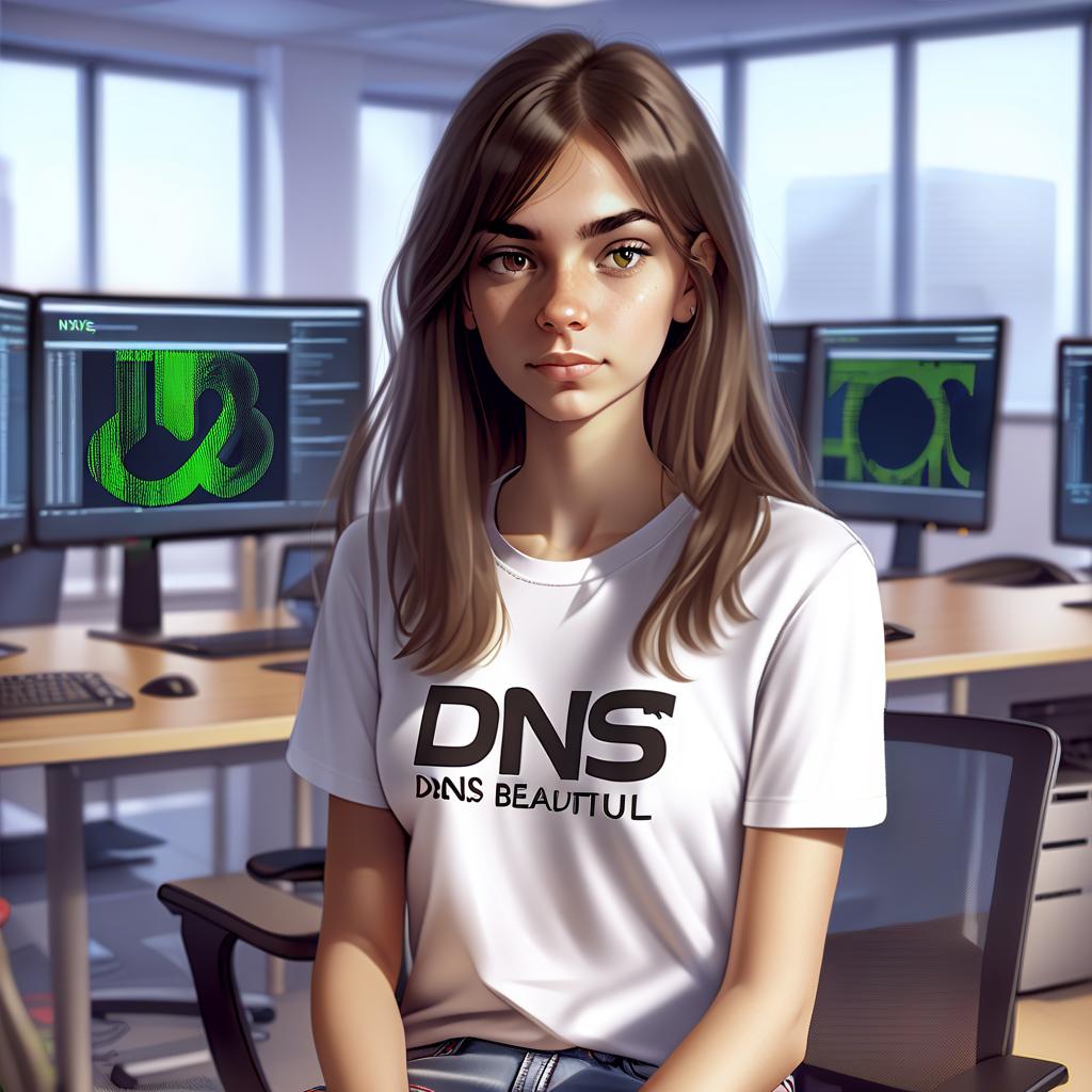  a young woman sitting in front of two computer screens the girl is beautiful in a t shirt with the inscription "dns" in large letters, in a sitting position in the office of an it company, behind the girl you can see personal computers and monitors with graphics.