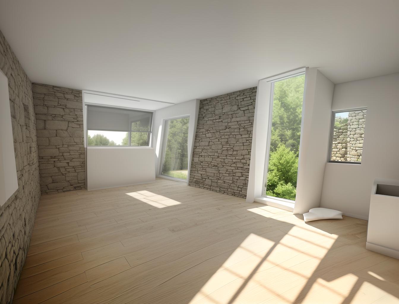  create a photorealistic image of a minimalist room with a stone wall and a large window. the stone wall should add texture and depth to the clean, modern design, while the window brings in natural light, enhancing the room's airy feel.