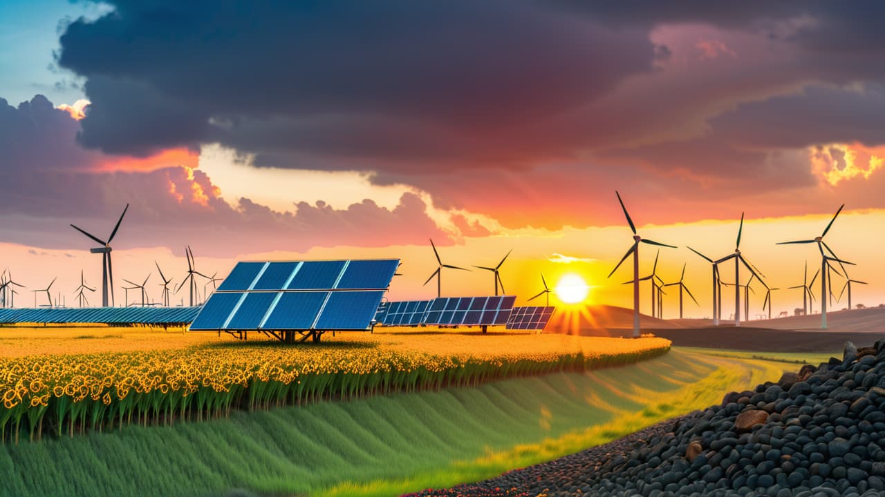  create a split image: one side with a vibrant solar farm and wind turbines under a blue sky, the other side depicting a coal mine and an oil rig against a sunset backdrop. hyperrealistic, full body, detailed clothing, highly detailed, cinematic lighting, stunningly beautiful, intricate, sharp focus, f/1. 8, 85mm, (centered image composition), (professionally color graded), ((bright soft diffused light)), volumetric fog, trending on instagram, trending on tumblr, HDR 4K, 8K