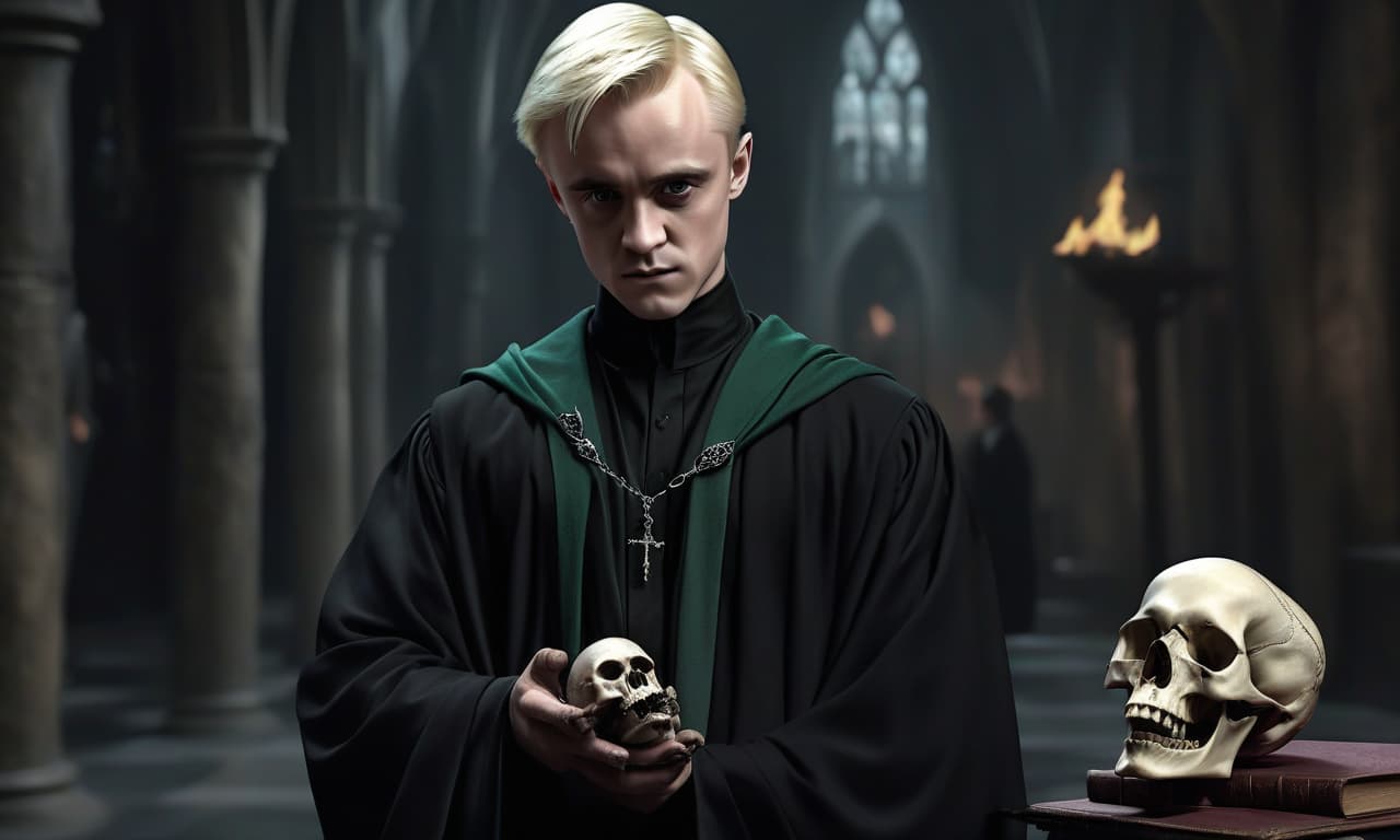  concept art draco malfoy hogwarts, young aristocrat, magical black robe, holds a skull . digital artwork, illustrative, painterly, matte painting, highly detailed