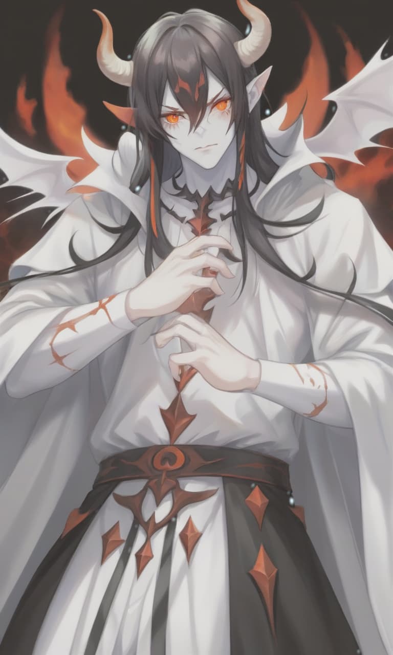  man demon, white skin, red horns, orange eyes, long black hair, sticker