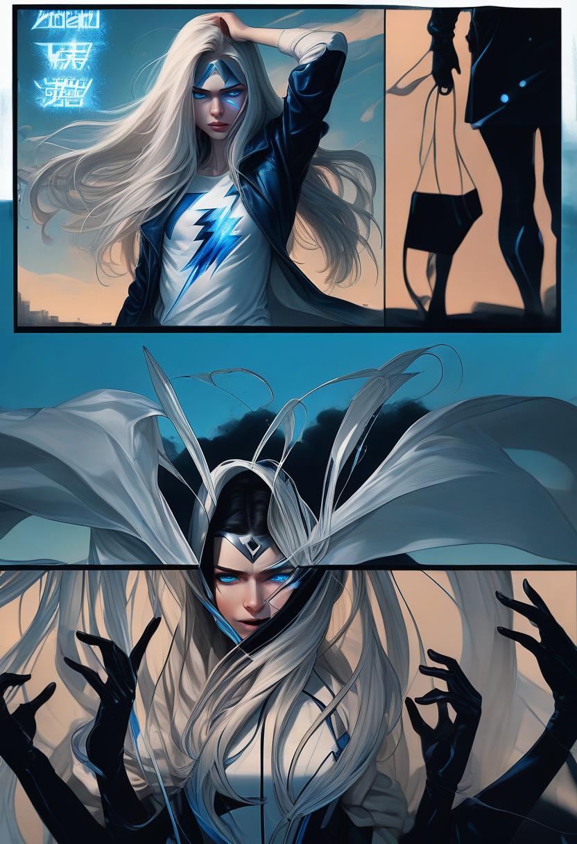  a girl with superpower, releases cold from the palm, a front view, white long loose hair, modern clothes, bright blue eyes