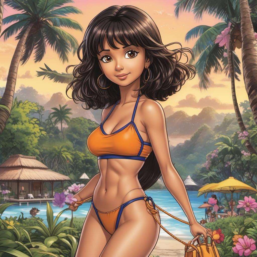  dora the explorer wearing a string bikini on a date with diego, anime style, manga style, manhwa style