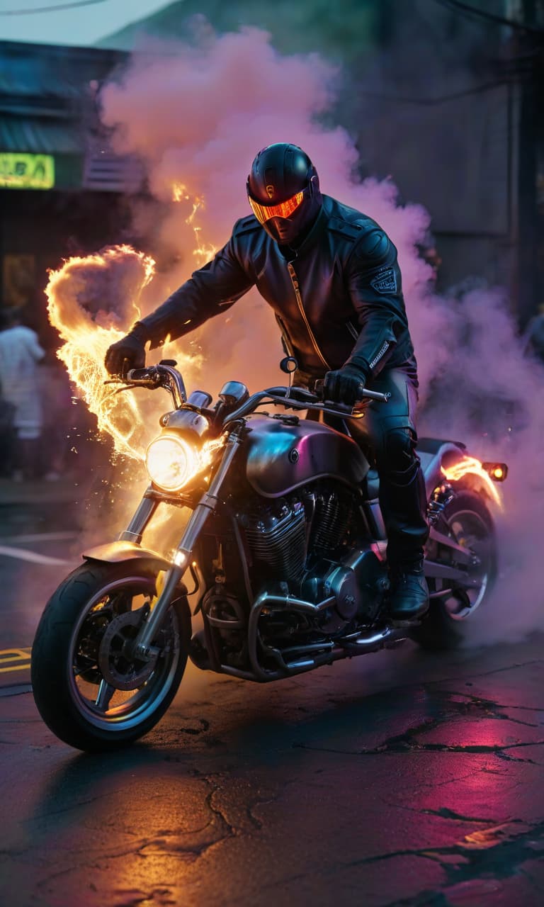  biomechanical cyberpunk the motorcycle explodes on the side of the road, with the crowd liquor . cybernetics, human machine fusion, dystopian, organic meets artificial, dark, intricate, highly detailed, oil painting, glowneon hyperrealistic, full body, detailed clothing, highly detailed, cinematic lighting, stunningly beautiful, intricate, sharp focus, f/1. 8, 85mm, (centered image composition), (professionally color graded), ((bright soft diffused light)), volumetric fog, trending on instagram, trending on tumblr, HDR 4K, 8K