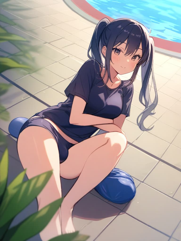  women's elementary students (male), twin tails, cute smiles, (rich s), low stature, dark blue swimwear, old swimwear, , simple (upward), male , (bulge), shaped clear , front , whole body, pool side,