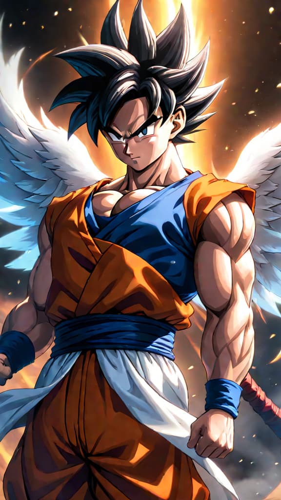  anime art: goku achieving ultra instinct, transcending to an angel like whis in dragon ball universe. hyperrealistic, full body, detailed clothing, highly detailed, cinematic lighting, stunningly beautiful, intricate, sharp focus, f/1. 8, 85mm, (centered image composition), (professionally color graded), ((bright soft diffused light)), volumetric fog, trending on instagram, trending on tumblr, HDR 4K, 8K