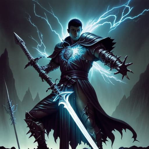  80's fantasy art, A towering warrior named Guts with short spiked hair, activating a spell with glowing hands, transforming a dark greatsword into a sword of immense light. The second the enchanted sword touches his hands, the sword begins to glow brighter. In the background, a chaotic battle scene featuring shadowy monsters and bandits controlled by a sinister tamer dressed in dark robes and holding a glowing staff. Guts swings the sword, sending out slashes of light that cut through the darkness.