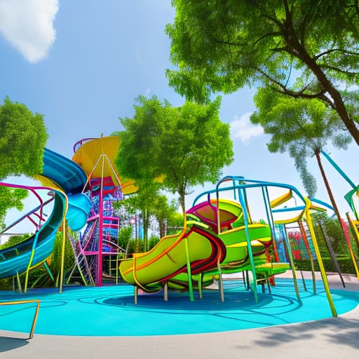 dvarchmodern create a bright and attractive image of a family vacation park. include a variety of attractions such as swings, carousels and slides. include green trees, flowering flowers and clear blue skies. the atmosphere should be cheerful and friendly