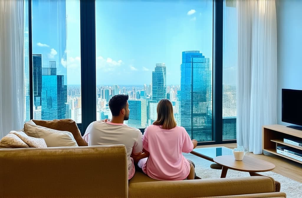  a man and a woman in pastel colored home clothes are sitting on the sofa and watching tv in a bright room in a skyscraper ar 3:2 {prompt}, maximum details