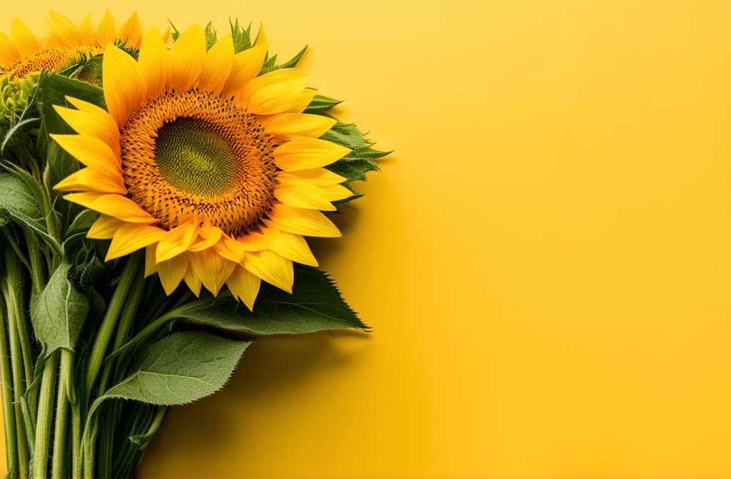  professional detailed photography, close up of a bouquet of sunflowers on a plain yellow background, clear details, sharp details, correct proportions, space for text on the right ar 3:2, (muted colors, dim colors, soothing tones), (vsco:0.3)