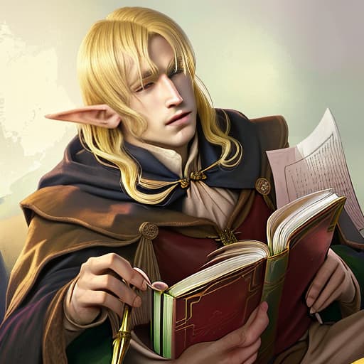  blond hair elf man reading a book