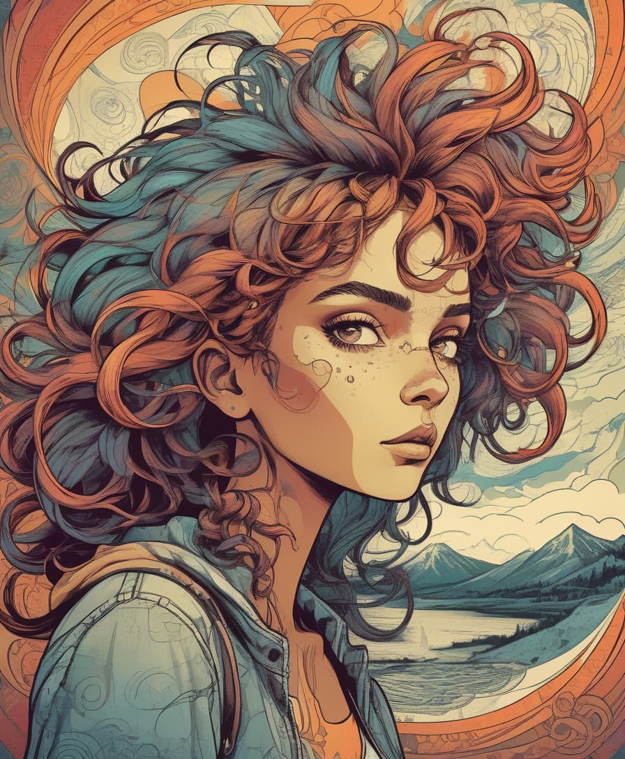  grunge style light, centered, colorful, modern illustration of a girl with wild swirling hair full of landscapes. portrait, fibonacci sequence, tessellation, art nouveau, heavy outline comic book . textured, distressed, vintage, edgy, punk rock vibe, dirty, noisy