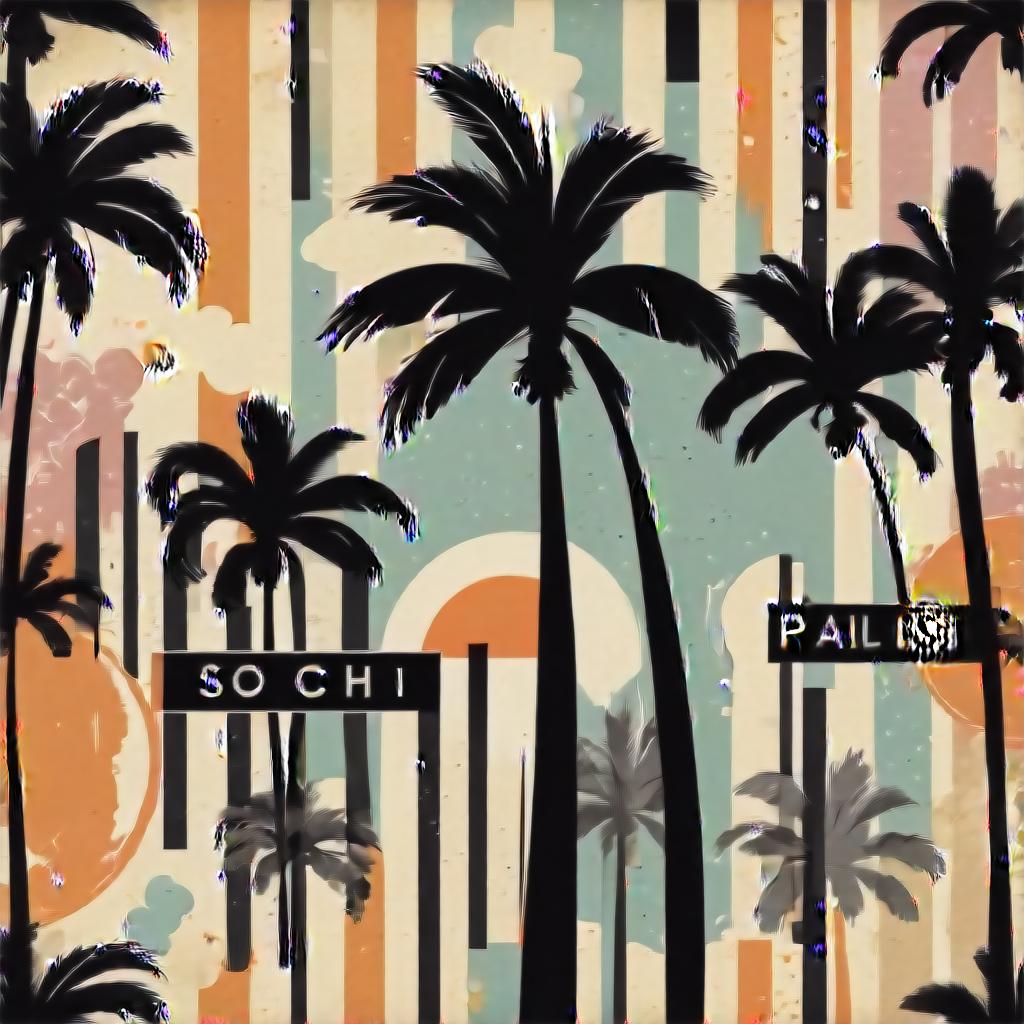  a retro style vector design featuring four vertical stripes in distressed shades of summer. the design includes silhouettes ofpalm trees overlaying the stripes. below the palm trees, the word 'sochi' is written in bold capital letters. the background is solid black, suitable for a vector based t shirt design.