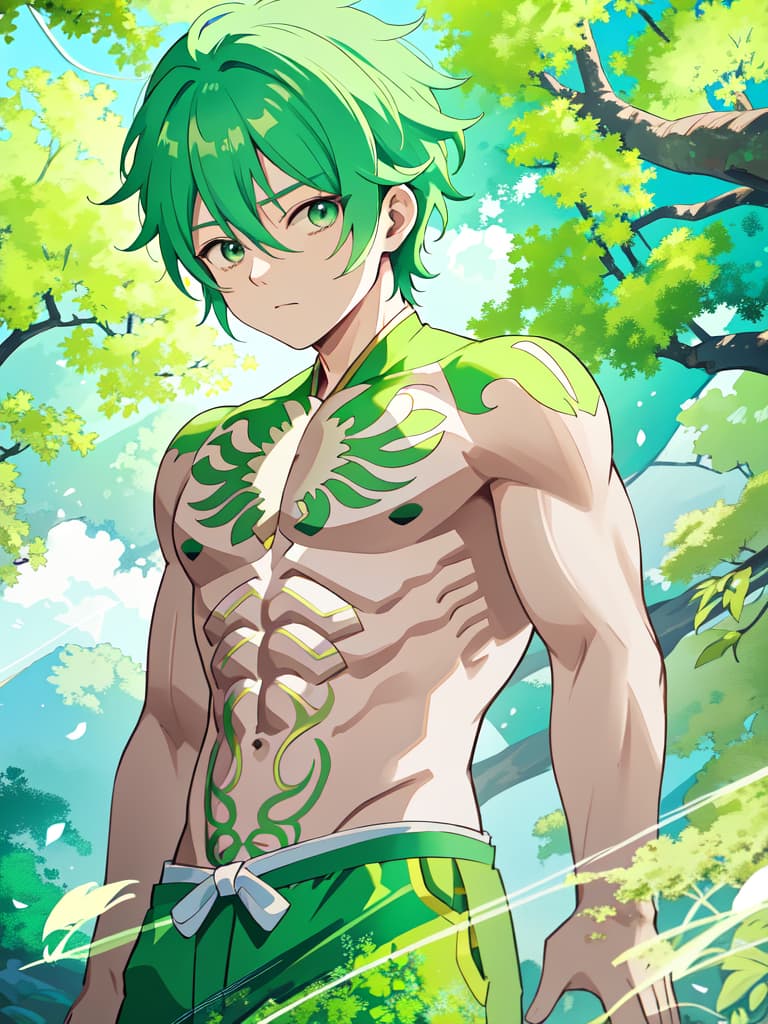  green hair man and actor shun oguri with a beautiful abs, masterpiece, best quality,8k,ultra detailed,high resolution,an extremely delicate and beautiful,hyper detail