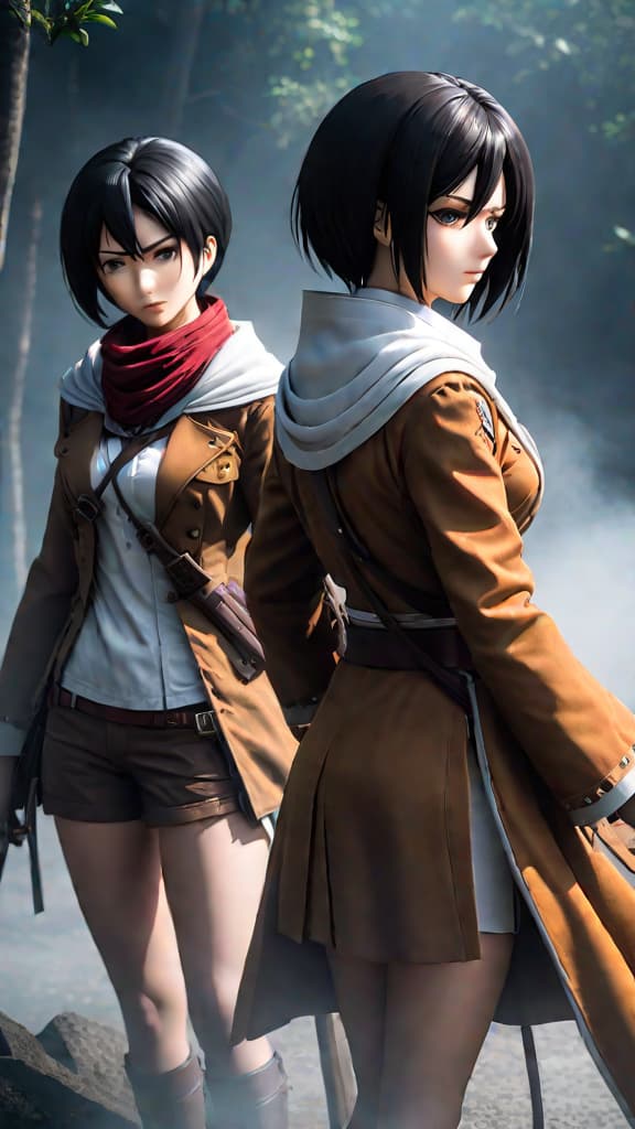  anime art: depict mikasa and levi unveiling the dark history and shadows of their ackerman lineage. hyperrealistic, full body, detailed clothing, highly detailed, cinematic lighting, stunningly beautiful, intricate, sharp focus, f/1. 8, 85mm, (centered image composition), (professionally color graded), ((bright soft diffused light)), volumetric fog, trending on instagram, trending on tumblr, HDR 4K, 8K