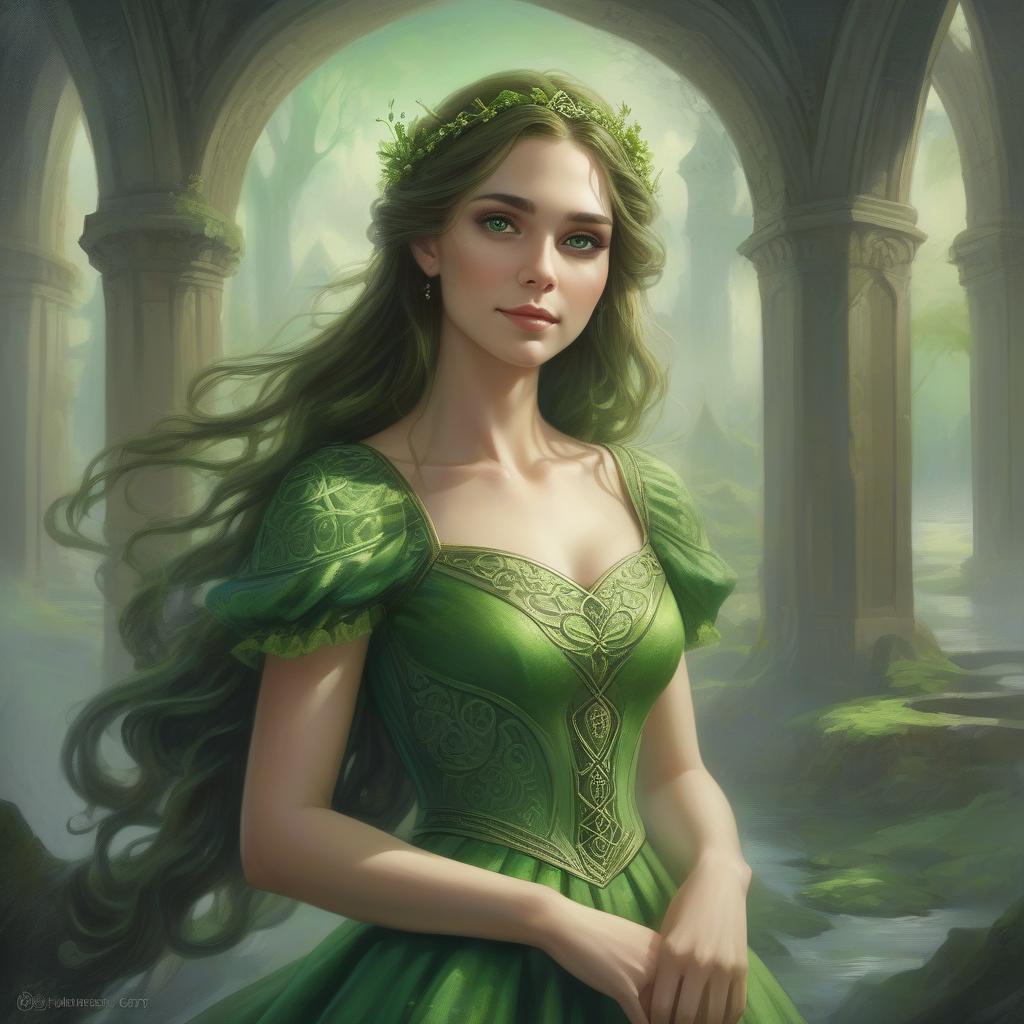  a painting of a woman in a green dress, very beautiful fantasy art, beautiful fantasy art portrait, beautiful fantasy painting, dramatic fantasy art, beautiful fantasy portrait, beautiful fantasy art, celtic fantasy art, fantasy art smug smile man, highly detailed fantasy art, gothic fantasy art, digital art fantasy art, fantasy victorian art, beautiful fantasy maiden, digital art fantasy, medieval fantasy art