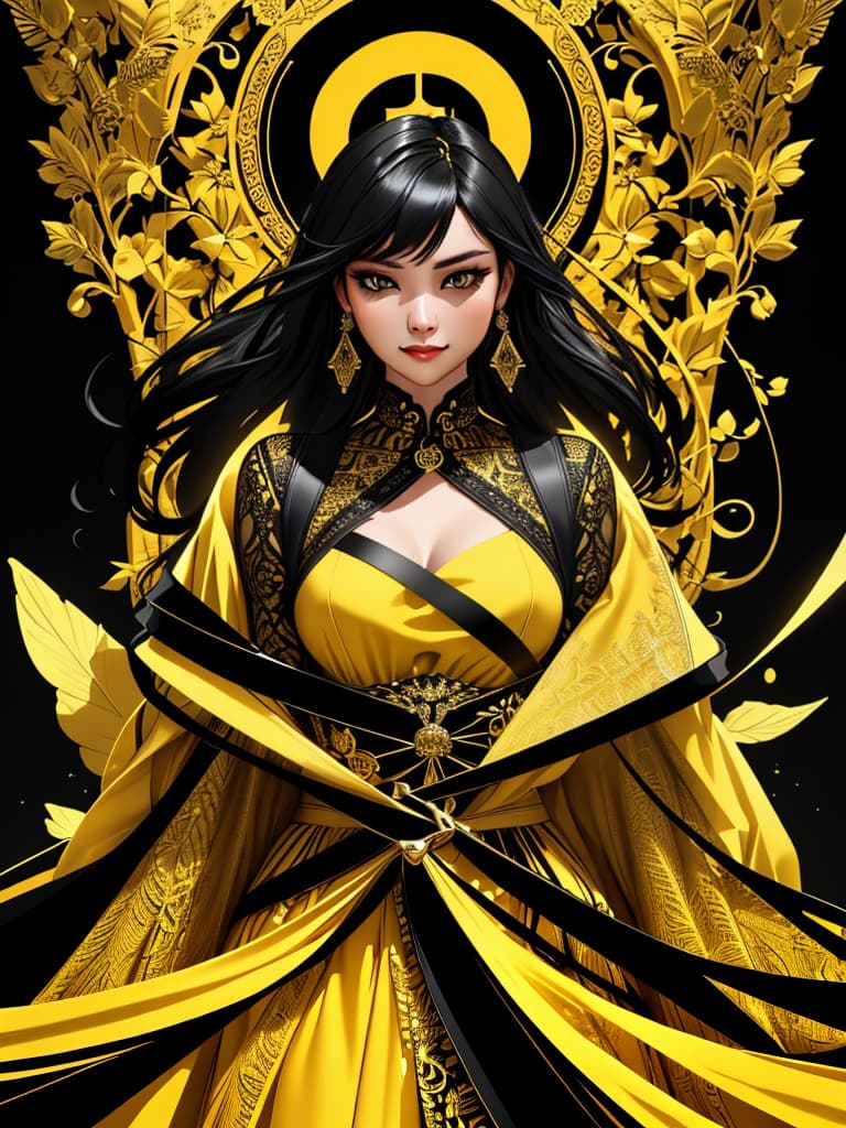  Golden yellow and sleek black color palette, captivating and inviting expression, exuding elegance and charm, magnetic beauty, intricate details, high contrast, luxurious feel, digital art, female, glossy finish, striking composition, dynamic lighting to enhance features.