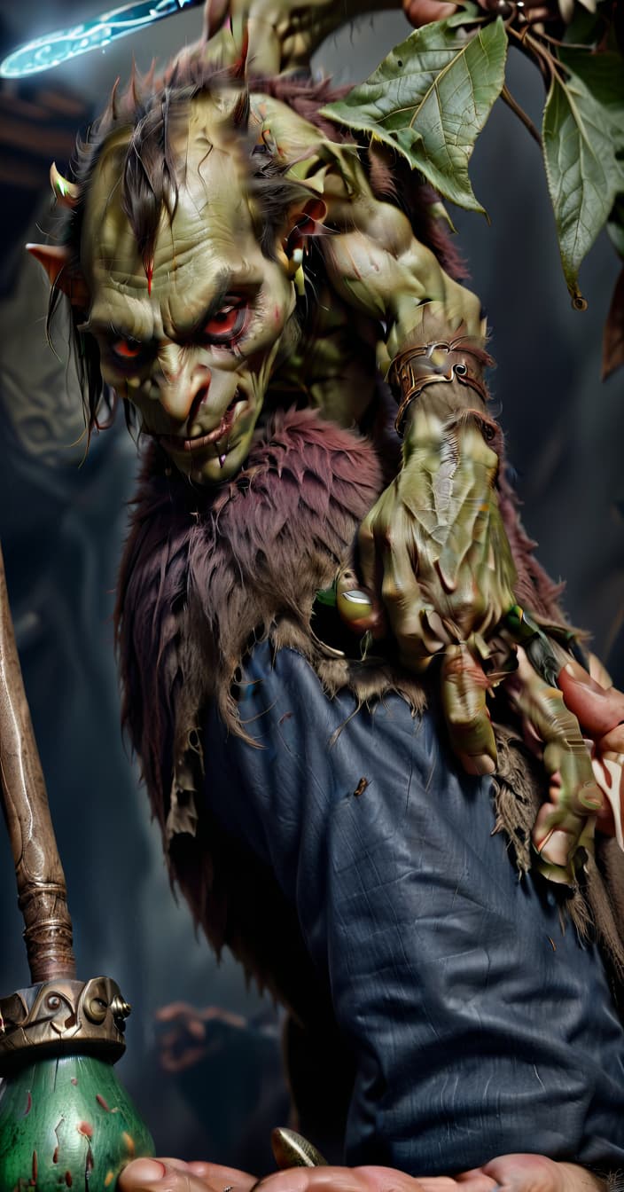  hyperrealistic art a tall, evil goblin in the hand of a club, eyes red. . extremely high resolution details, photographic, realism pushed to extreme, fine texture, incredibly lifelike, perfecteyes, hkmagic, civitai