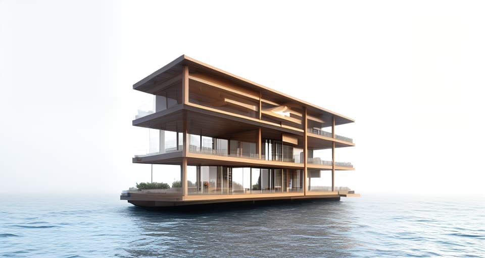 mdjrny-v4 style architecture, high quality, exterior perspective, 3 story mixed wood and steel office building, organic exterior, building floating at sea