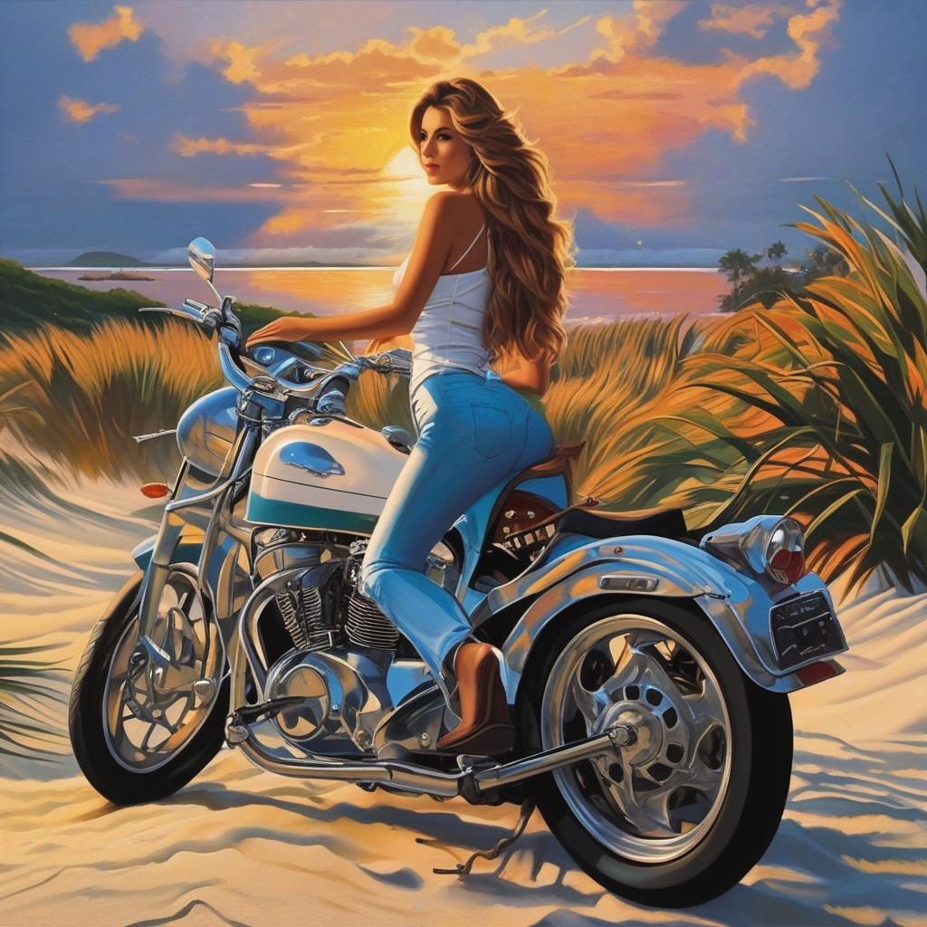  masterpiece, best quality,Sunset beach long-haired beauty sitting on the side of the motorcycle