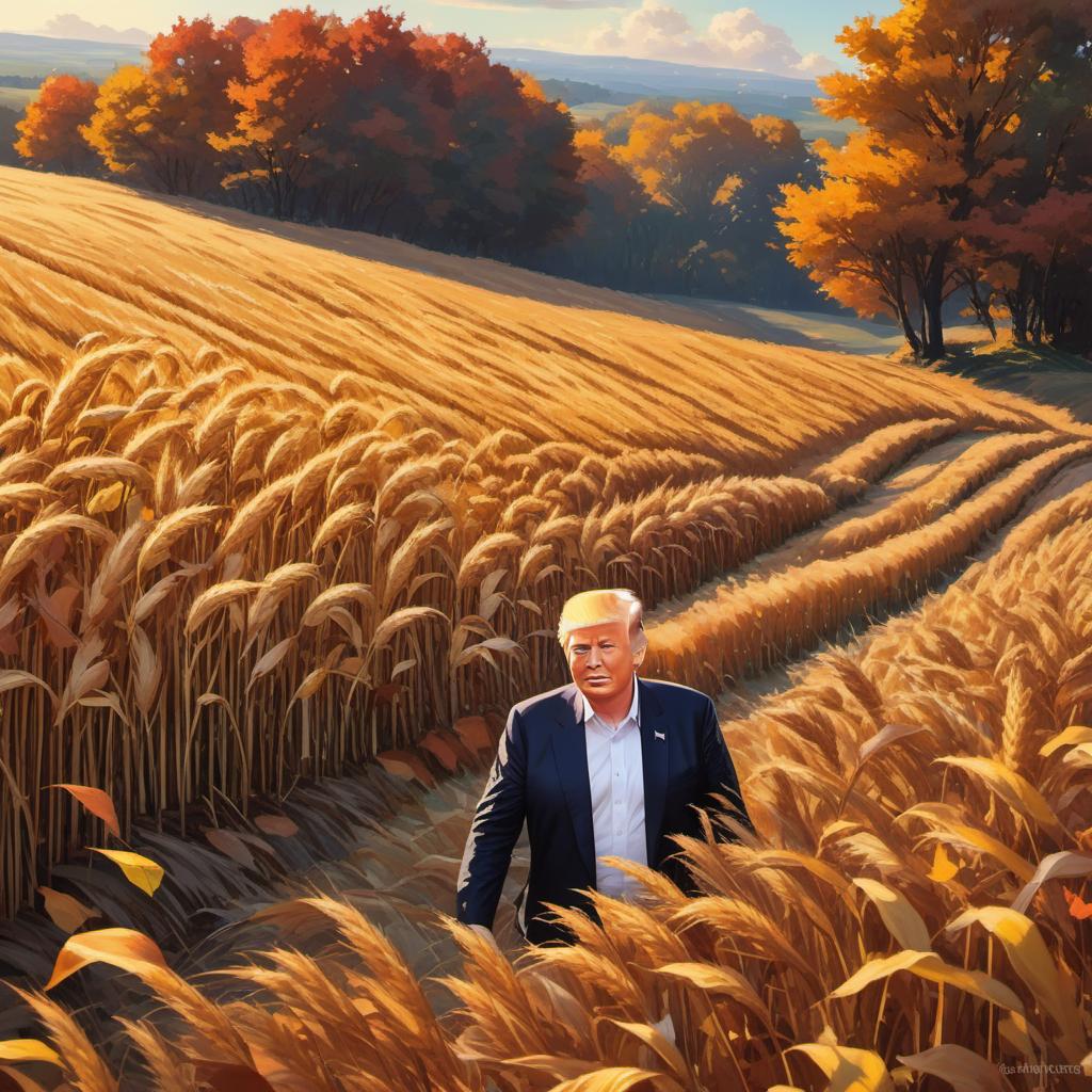  donald trump in a wheat field with autumn leaves blowing in the air and sunshine in the background , painting style