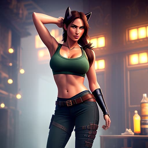  Lara Croft in jeans, full height, with cat ears. hyperrealistic, full body, detailed clothing, highly detailed, cinematic lighting, stunningly beautiful, intricate, sharp focus, f/1. 8, 85mm, (centered image composition), (professionally color graded), ((bright soft diffused light)), volumetric fog, trending on instagram, trending on tumblr, HDR 4K, 8K