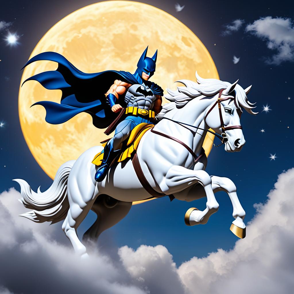  goku in a batman suit on top of a white horse flying over the moon photo realistic, highly intricate and detailed, masterpiece, ultra high res,photography,8k resolution