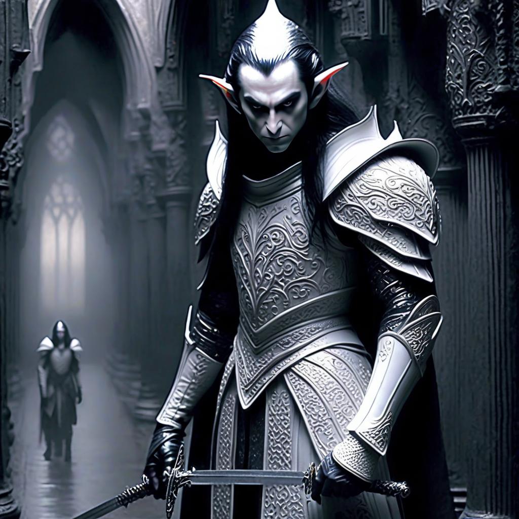  macabre style a white elf with black hair in white leather openwork armor, in white shoulder pads, in white elbow pads, with a long sword in his hands, standing in a dark hall. . dark, gothic, grim, haunting, highly detailed, perfecteyes, perfect hands