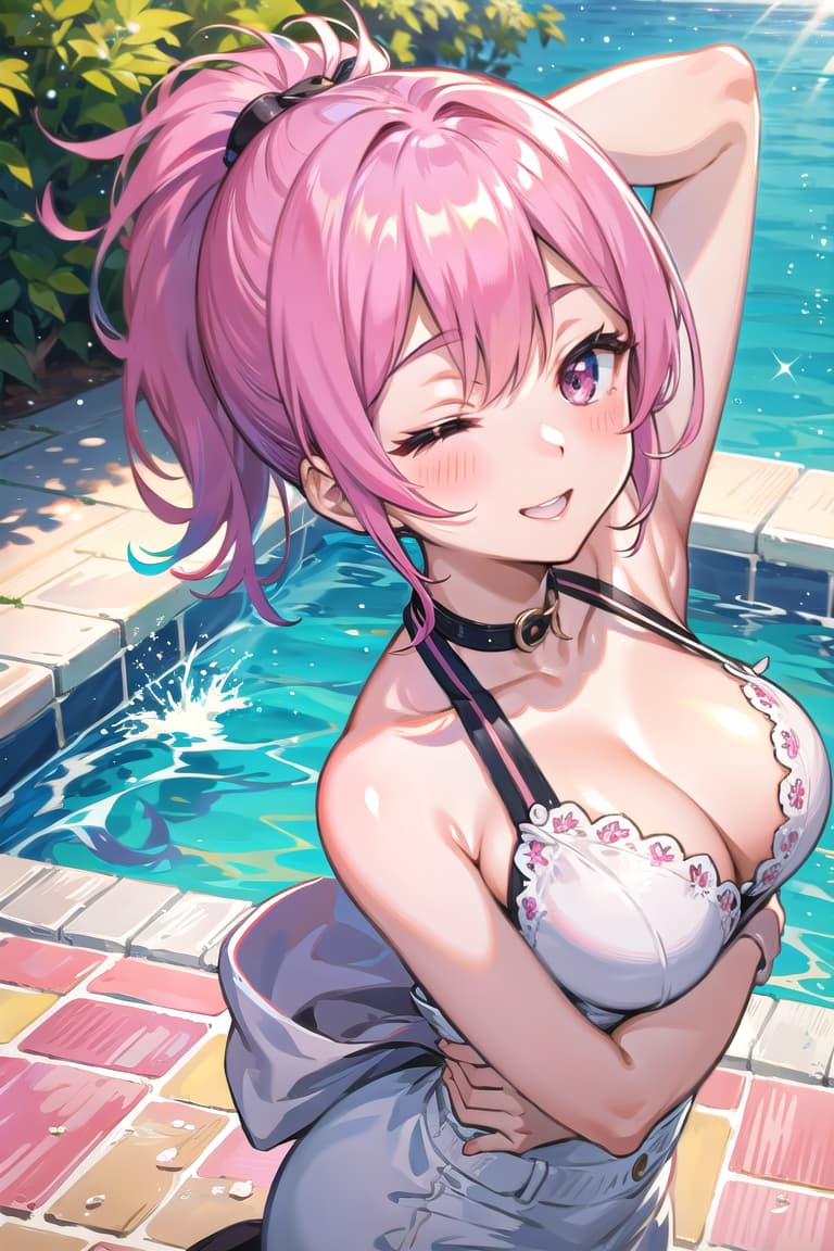  r 18, , middle , pink haired ,ponytail,large eyes,wearing a , arms raised, hands behind her head. She tilts her face up towards the sun, eyes closed, radiating happiness. The camera captures her from above, showcasing the sparkling water and vint pool tiles.