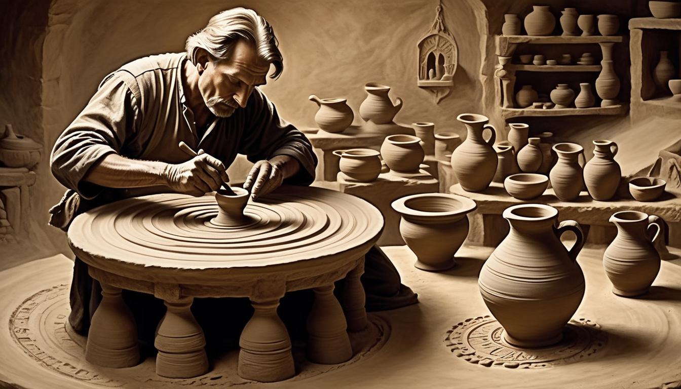  on parchment, surrealism+++, a potter shaping clay on a wheel, hands skillfully molding, ethereal light casting shadows, divine craftsmanship, meticulous detail, sense of purpose, careful creation.(mysterious, provocative, symbolic,muted color)+++