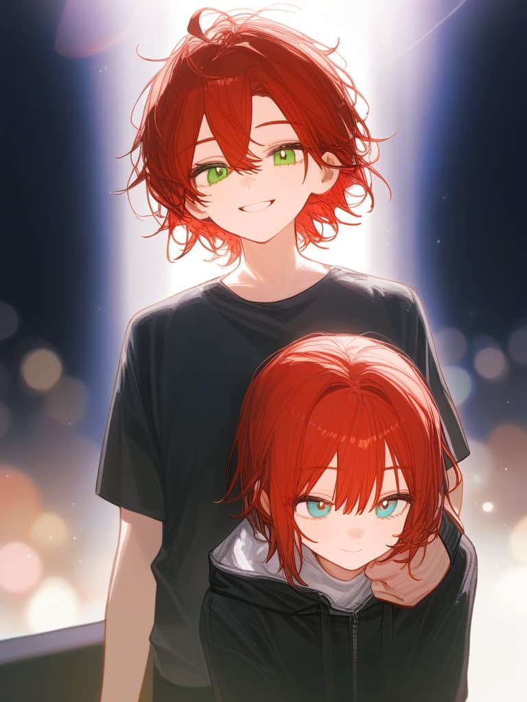  (adam’s apple:1.4),(man’s:1.2),boys,(red hair),(short hair:1.3),emerald green eyes,smile,(messy hair),from front,black jacket,white t shirt,ultra detailed,hair tie,froward hands,