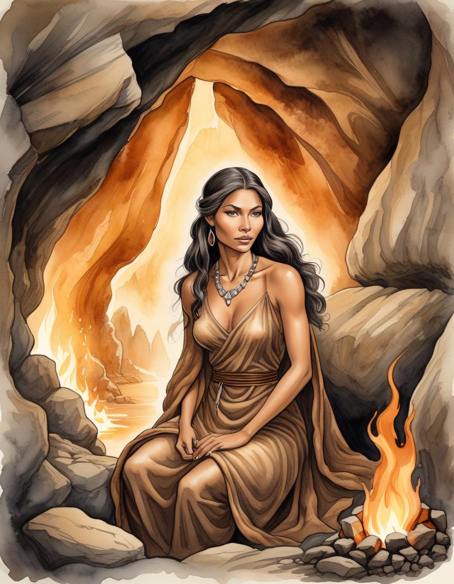  digital illustration, ink and watercolor on parchment, with fine shading of the edges, depicting an expressive stone age woman in cave, whose image seamlessly blends with the textures of the stone cave, soft diffused lighting in warm tones envelops her, enhancing the mystical aura around her slender form. clad in a fur, sits in front of the fire