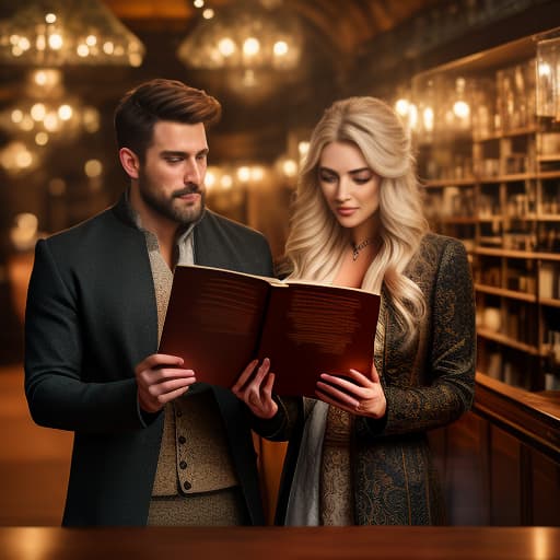  two people read the same book hyperrealistic, full body, detailed clothing, highly detailed, cinematic lighting, stunningly beautiful, intricate, sharp focus, f/1. 8, 85mm, (centered image composition), (professionally color graded), ((bright soft diffused light)), volumetric fog, trending on instagram, trending on tumblr, HDR 4K, 8K