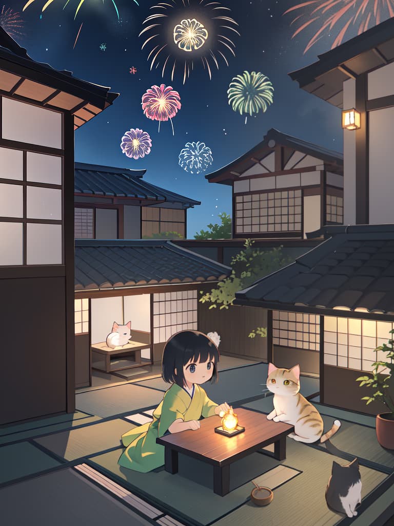  1cat,small cat ,japanese cat ,sit and look up，japanese house roof ,sit on a tiled roof,fireworks,midnight,