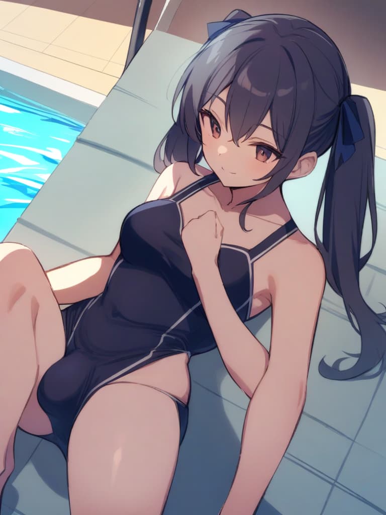  women's elementary students (male), twin tails, cute smiles, (rich s), low stature, dark blue swimwear, old swimwear, , simple, (upward), , (bulge), front, whole body, pool side. ,,,