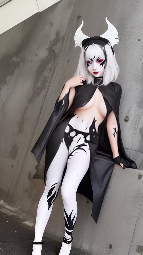  White and Blark flame pattern body paint in every corner of the whole body, BLACK body paint full body, grey face paint on the face, succubus sisters, full body image female