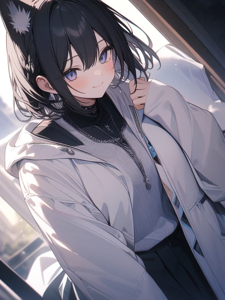  black hair, short hair, smile, cute, gradation, braided ears, first blue, fox ears, whole body, virtual, vocaloid, masterpiece, best quality,8k,ultra detailed,high resolution,an extremely delicate and beautiful,hyper detail