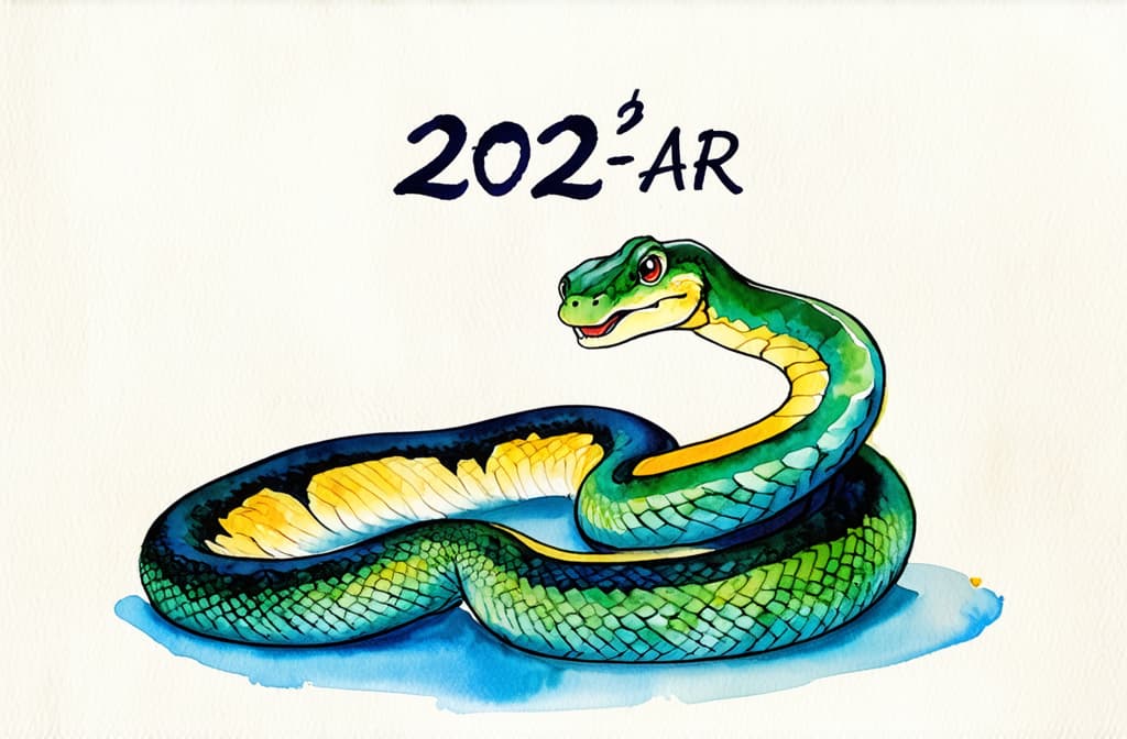  artwork beautiful snake and the inscription 2025 ar 3:2, watercolor techniques, featuring fluid colors, subtle gradients, transparency associated with watercolor art