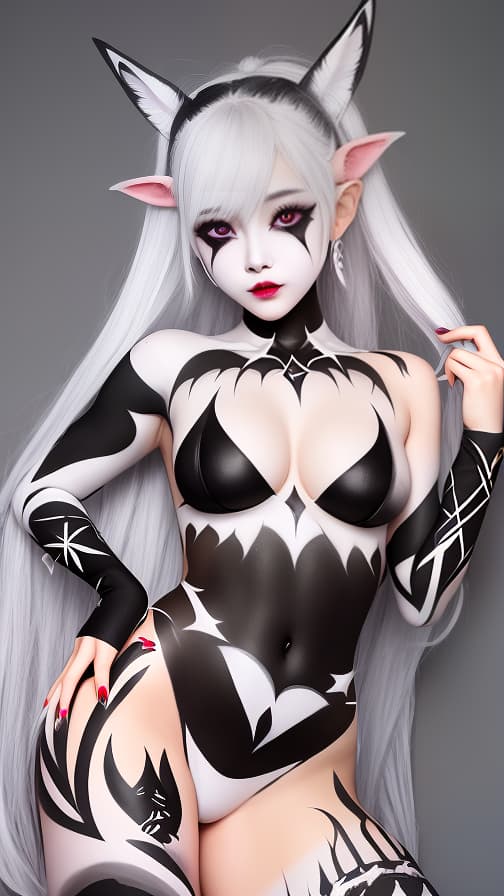  White bat pattern body paint in every corner of the body, Black body paint all over the body, Grey face paint on the face, Two dark elfs, full body image 女性