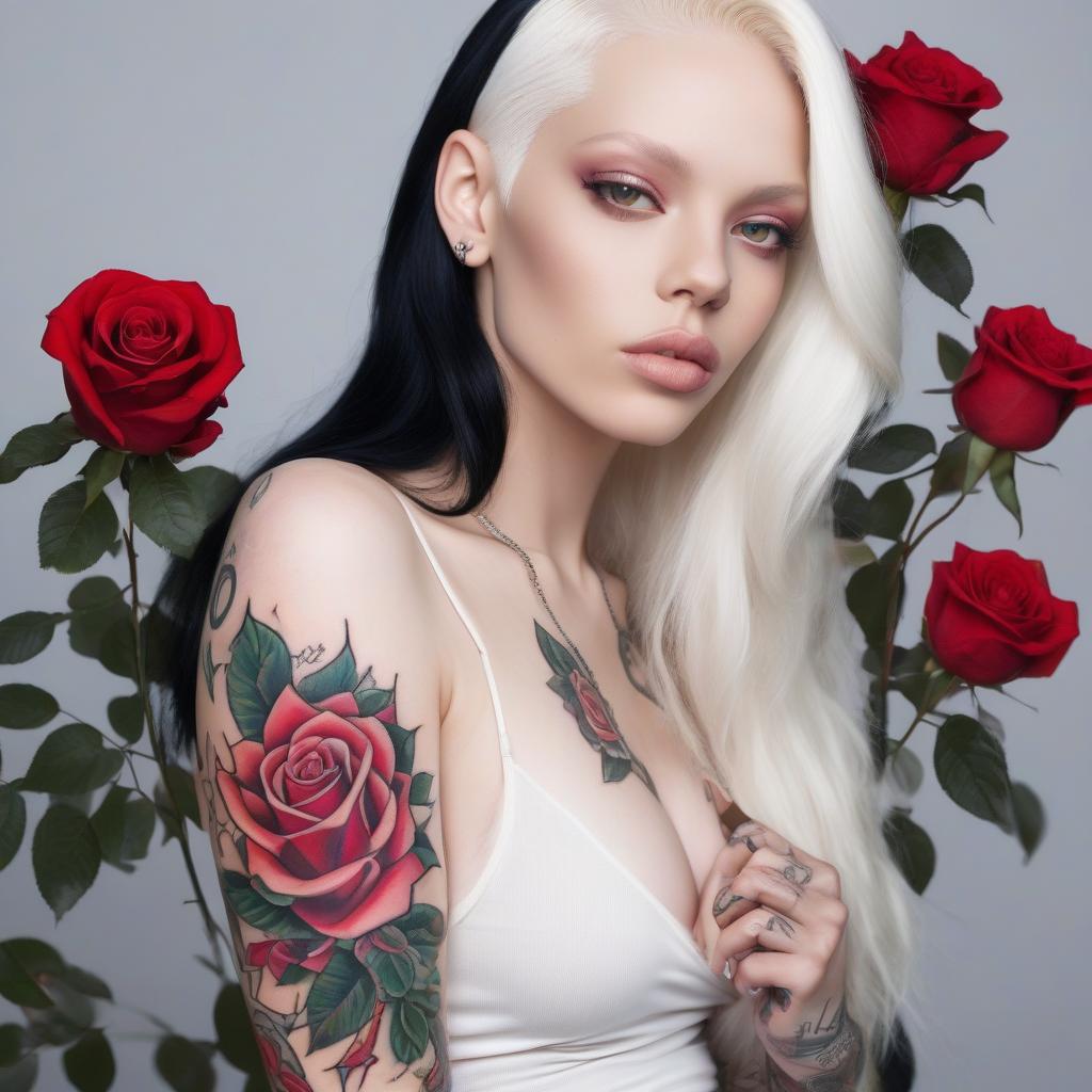  beautiful latina woman with black hair and a white lock ,albino eyes and rose tattoos on a full arm